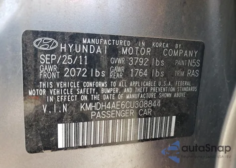 2012 Hyundai Elantra Gls z USA, uszkodzony, nr VIN KMHDH4AE6CU308844